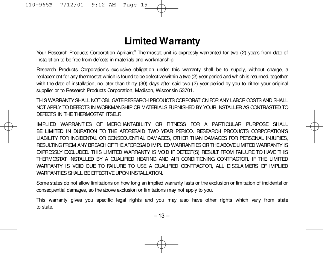 Aprilaire 8535 owner manual Limited Warranty 