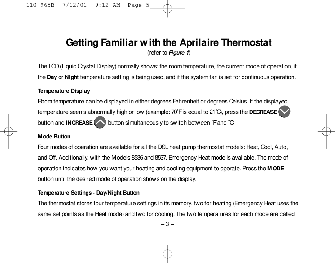 Aprilaire 8535 owner manual Getting Familiar with the Aprilaire Thermostat, Temperature Display, Mode Button 