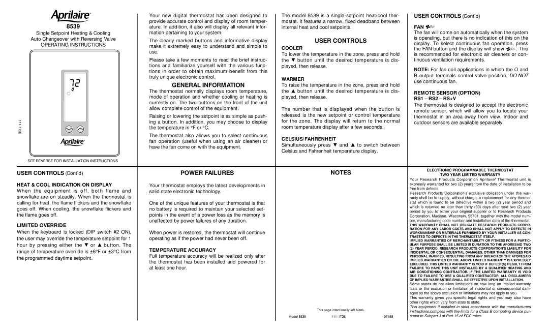 Aprilaire 8539 installation instructions General Information, Power Failures, User Controls 