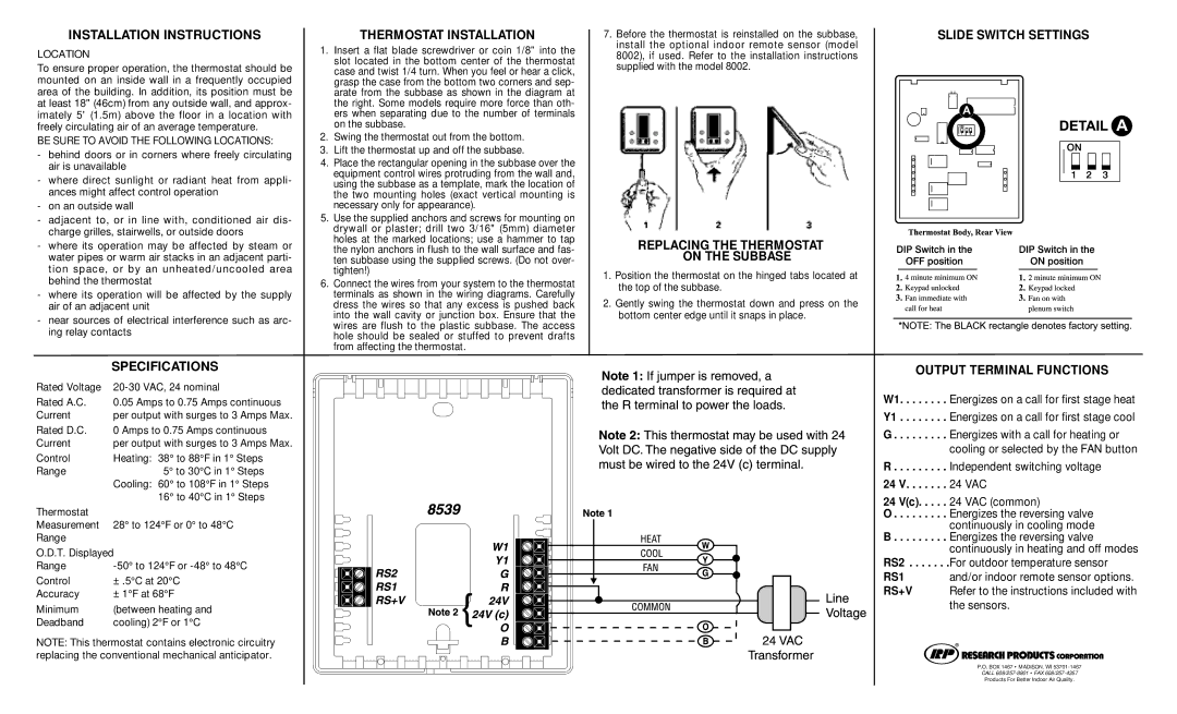 Aprilaire 8539 Installation Instructions, Specifications, Thermostat Installation, Replacing the Thermostat On the Subbase 