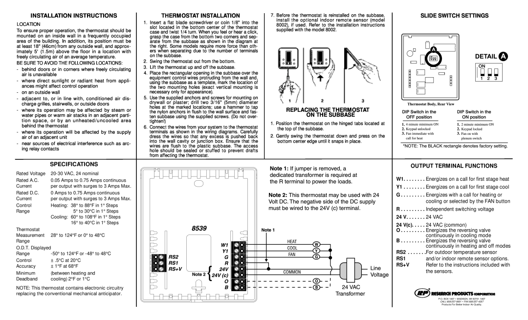 Aprilaire 8539 Installation Instructions, Specifications, Thermostat Installation, Replacing The Thermostat On The Subbase 