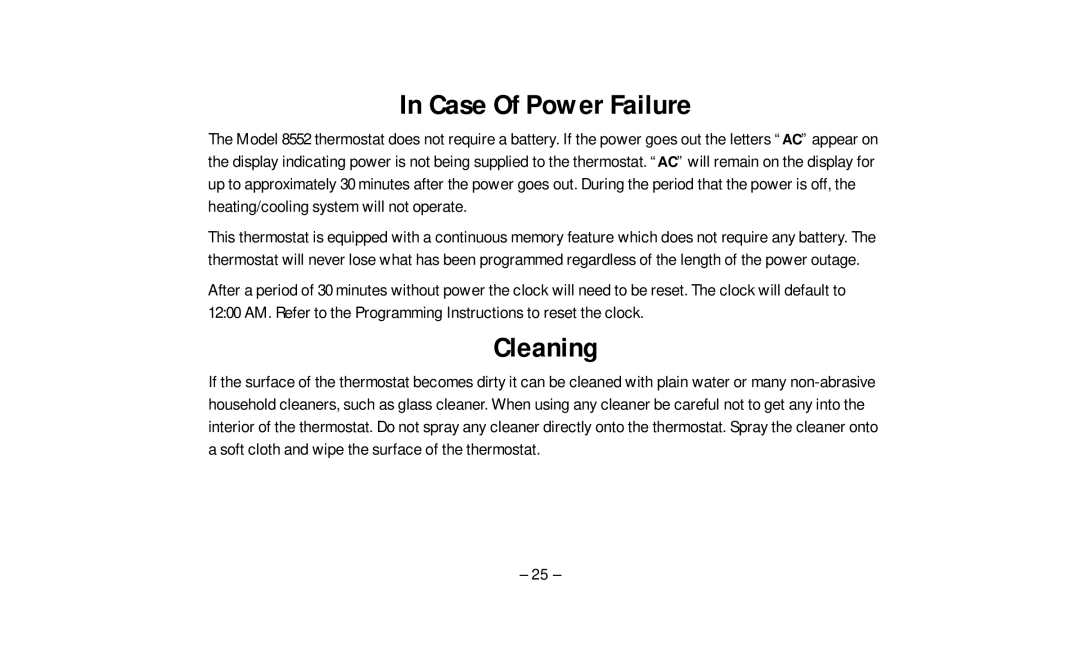 Aprilaire 8552 owner manual Case Of Power Failure, Cleaning 