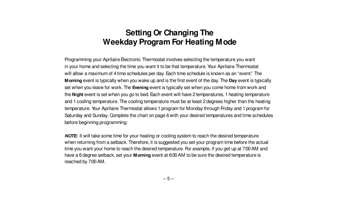 Aprilaire 8552 owner manual Setting Or Changing Weekday Program For Heating Mode 