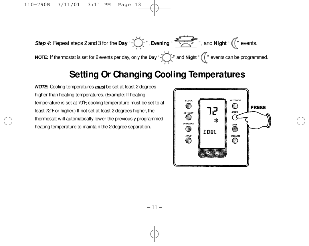 Aprilaire 8553 owner manual Setting Or Changing Cooling Temperatures, Night events 