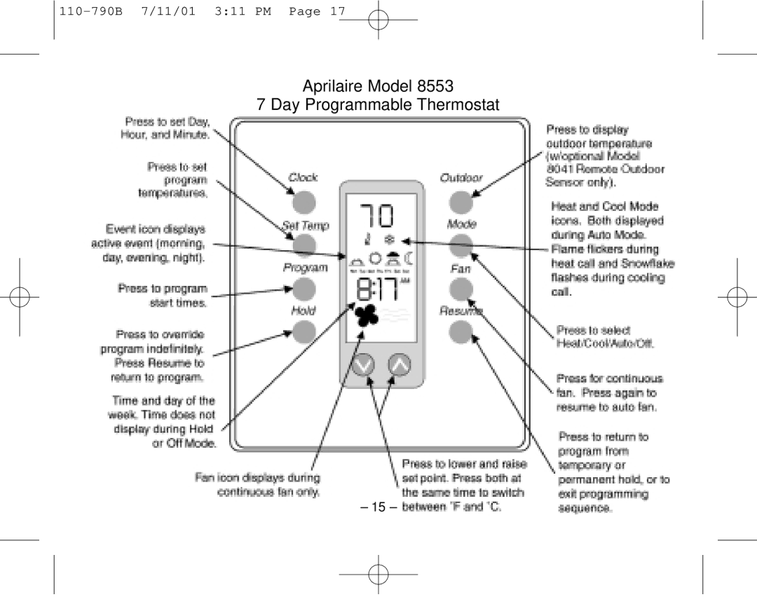 Aprilaire 8553 owner manual Aprilaire Model Day Programmable Thermostat 