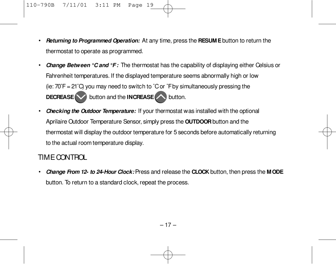 Aprilaire 8553 owner manual Time Control 