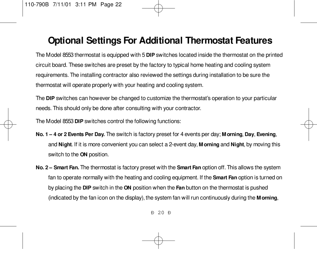 Aprilaire 8553 owner manual Optional Settings For Additional Thermostat Features 