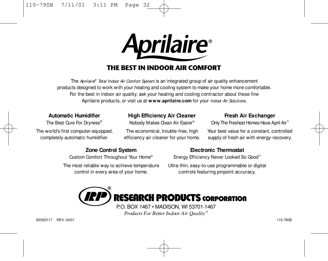 Aprilaire 8553 owner manual BOX 1467 MADISON, WI 