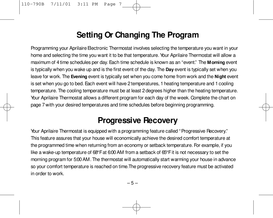 Aprilaire 8553 owner manual Setting Or Changing The Program, Progressive Recovery 