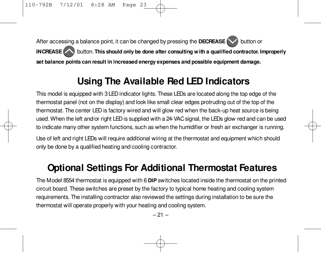 Aprilaire 8554 owner manual Using The Available Red LED Indicators, Optional Settings For Additional Thermostat Features 