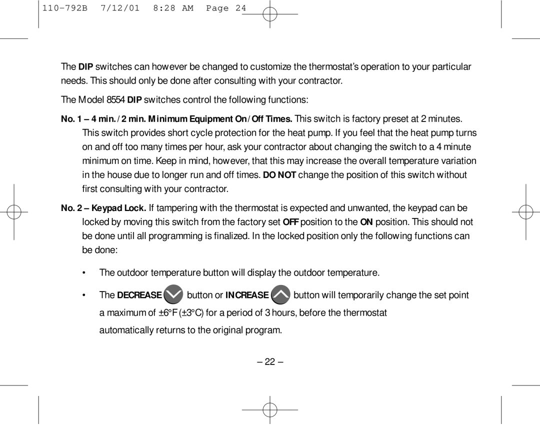 Aprilaire 8554 owner manual Automatically returns to the original program 