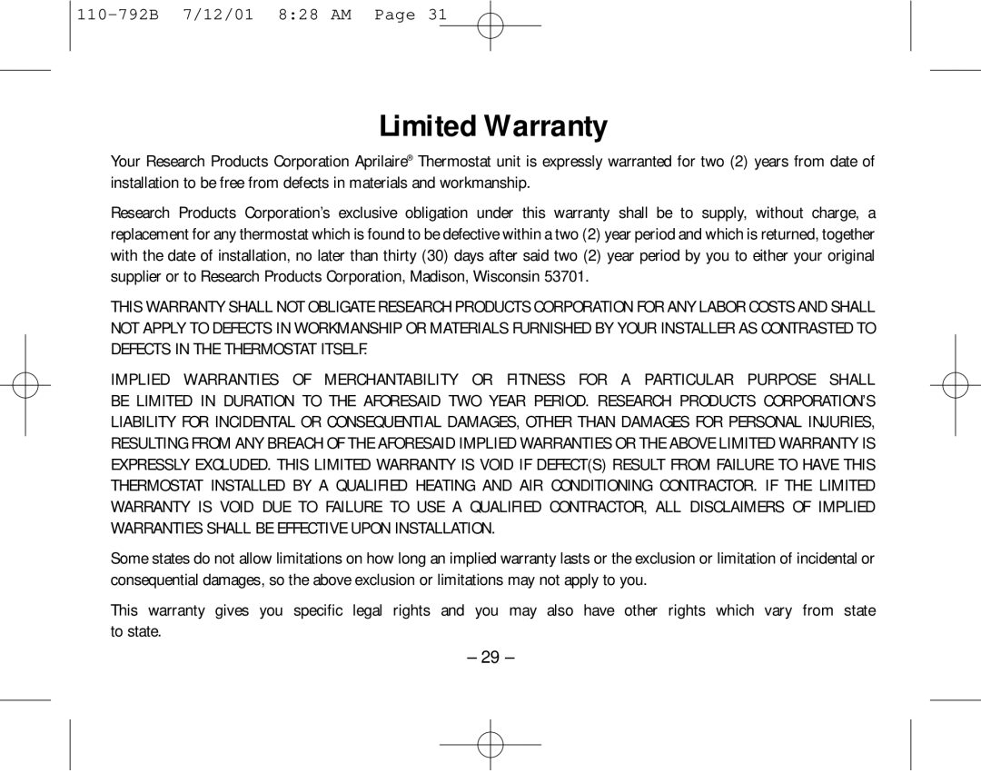 Aprilaire 8554 owner manual Limited Warranty 