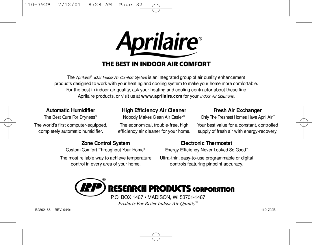 Aprilaire 8554 owner manual BOX 1467 MADISON, WI 