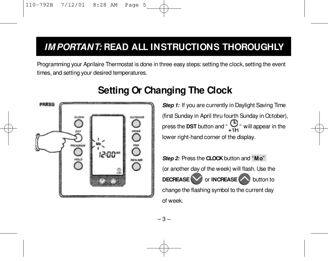 Aprilaire 8554 owner manual Setting Or Changing The Clock, Important Read ALL Instructions Thoroughly 