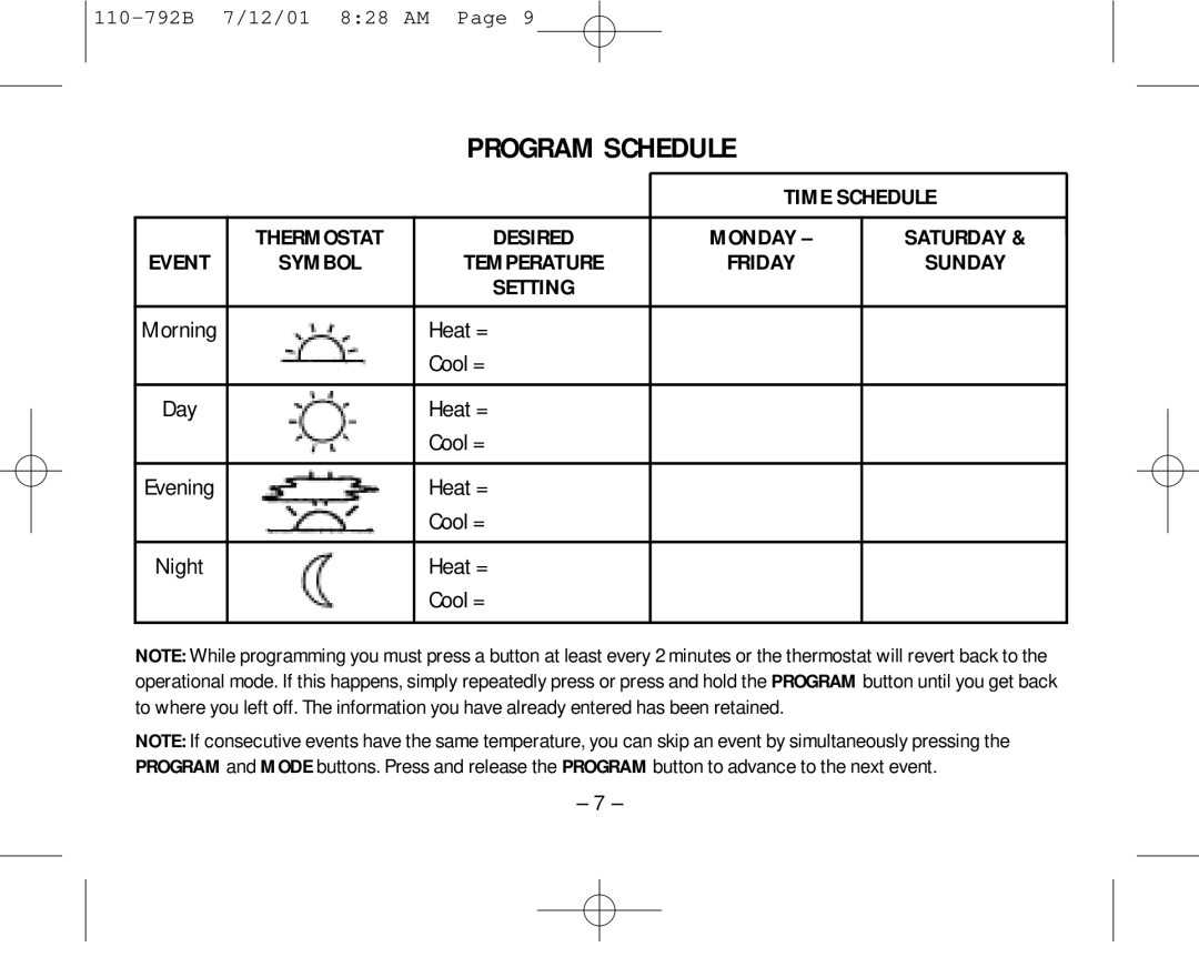 Aprilaire 8554 owner manual Program Schedule 