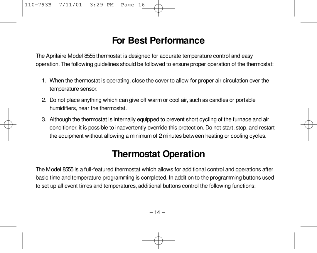 Aprilaire 8555 owner manual For Best Performance, Thermostat Operation 