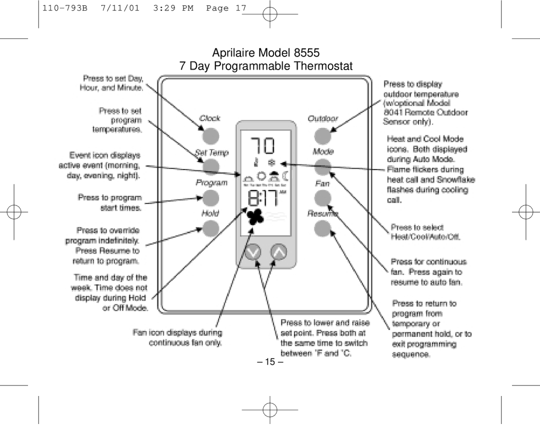 Aprilaire 8555 owner manual Aprilaire Model Day Programmable Thermostat 