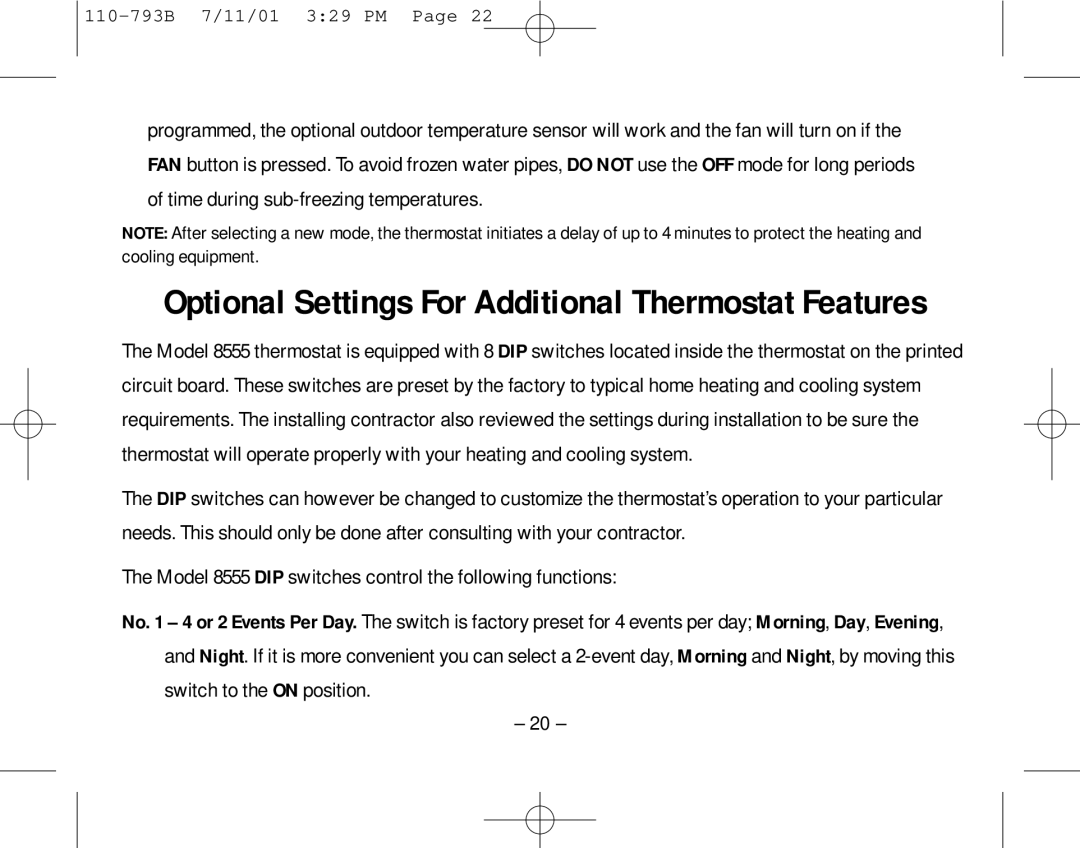 Aprilaire 8555 owner manual Optional Settings For Additional Thermostat Features 