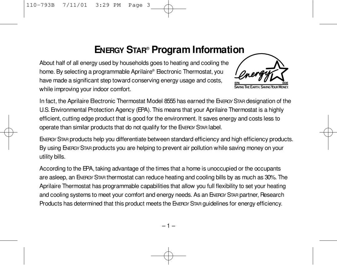 Aprilaire 8555 owner manual Energy Star Program Information 