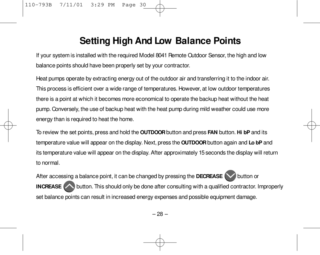 Aprilaire 8555 owner manual Setting High And Low Balance Points 