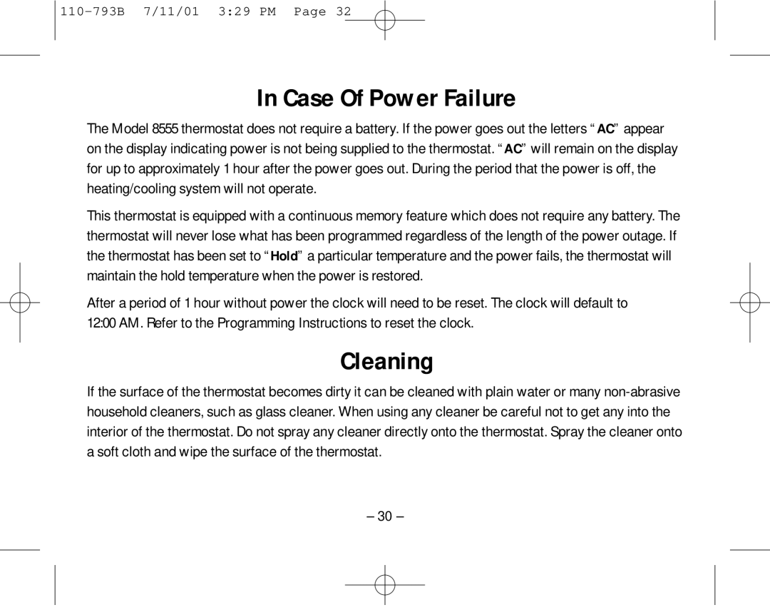 Aprilaire 8555 owner manual Case Of Power Failure, Cleaning 