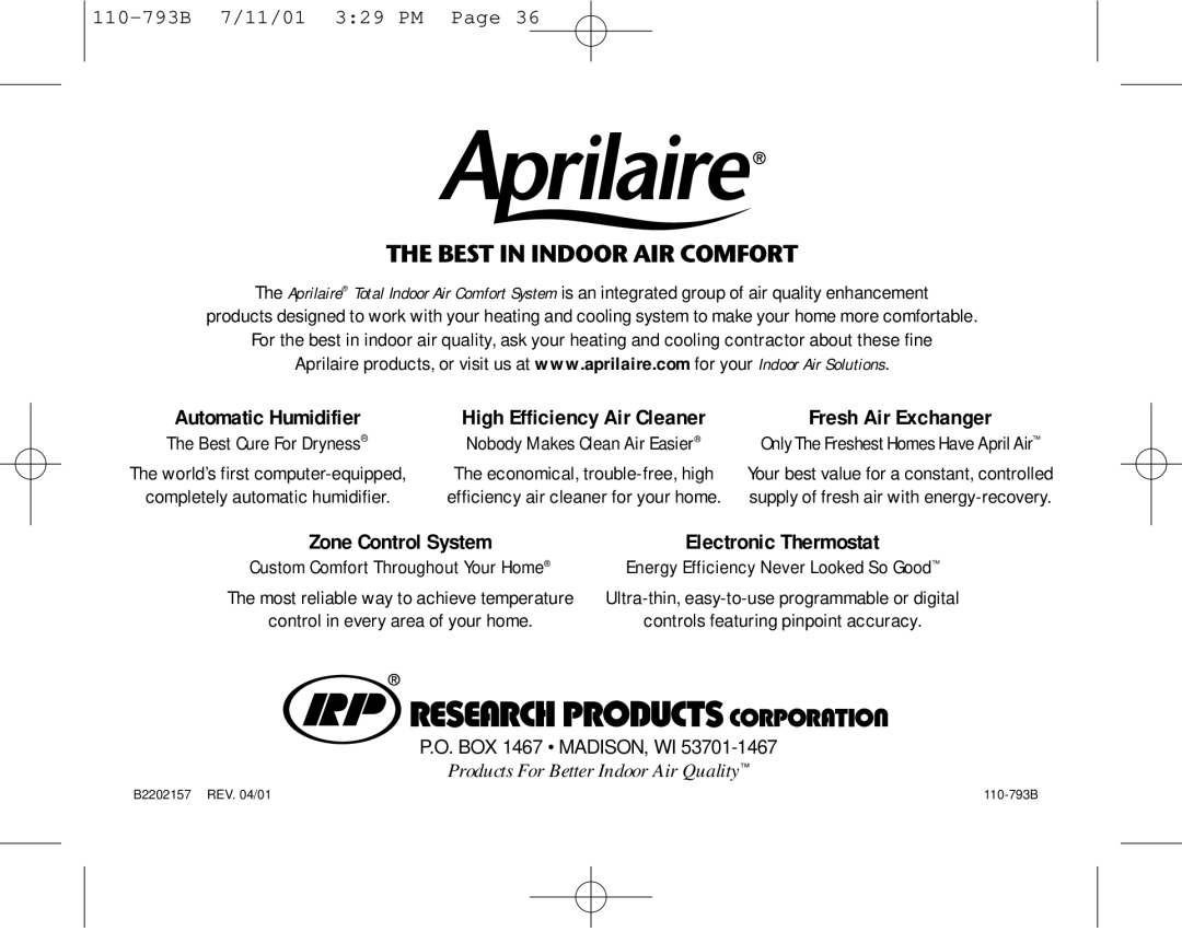 Aprilaire 8555 owner manual BOX 1467 MADISON, WI 