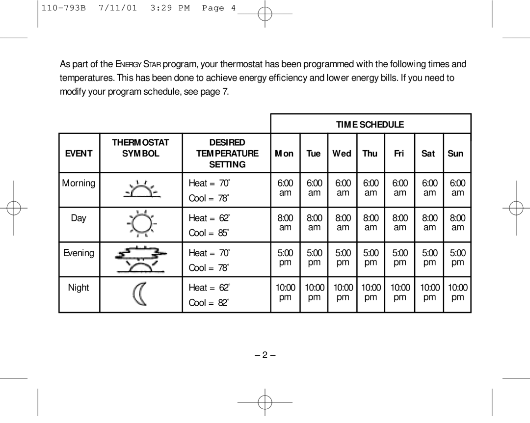 Aprilaire 8555 owner manual Time Schedule 