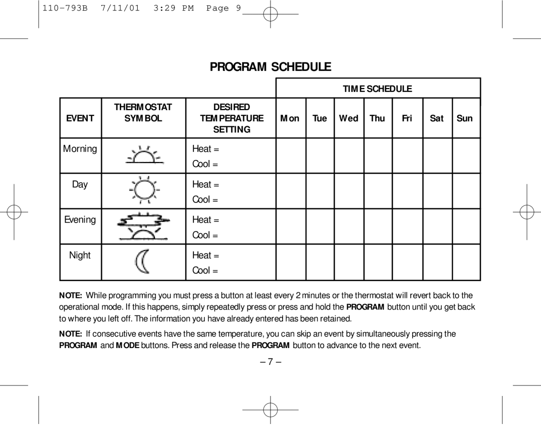 Aprilaire 8555 owner manual Program Schedule 