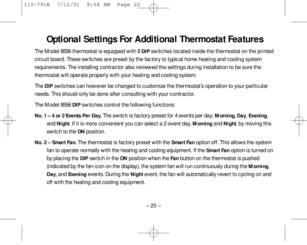 Aprilaire 8556 owner manual Optional Settings For Additional Thermostat Features 