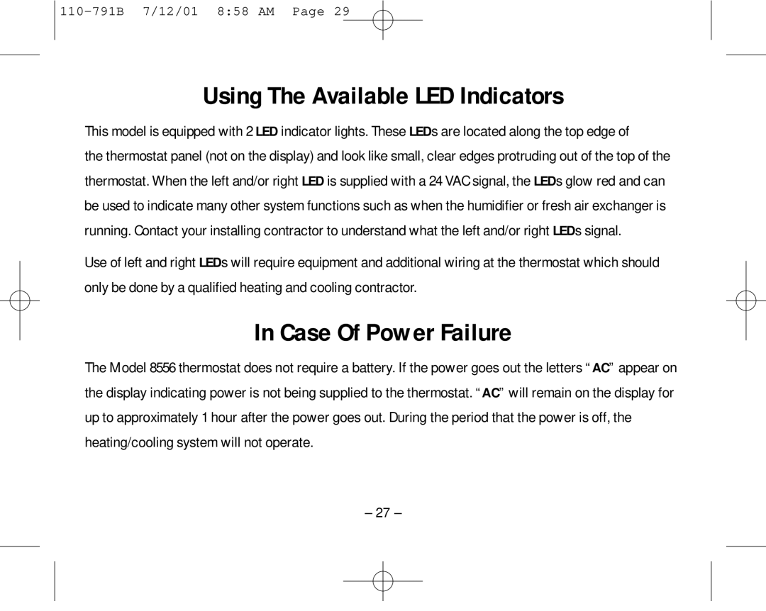 Aprilaire 8556 owner manual Using The Available LED Indicators, Case Of Power Failure 