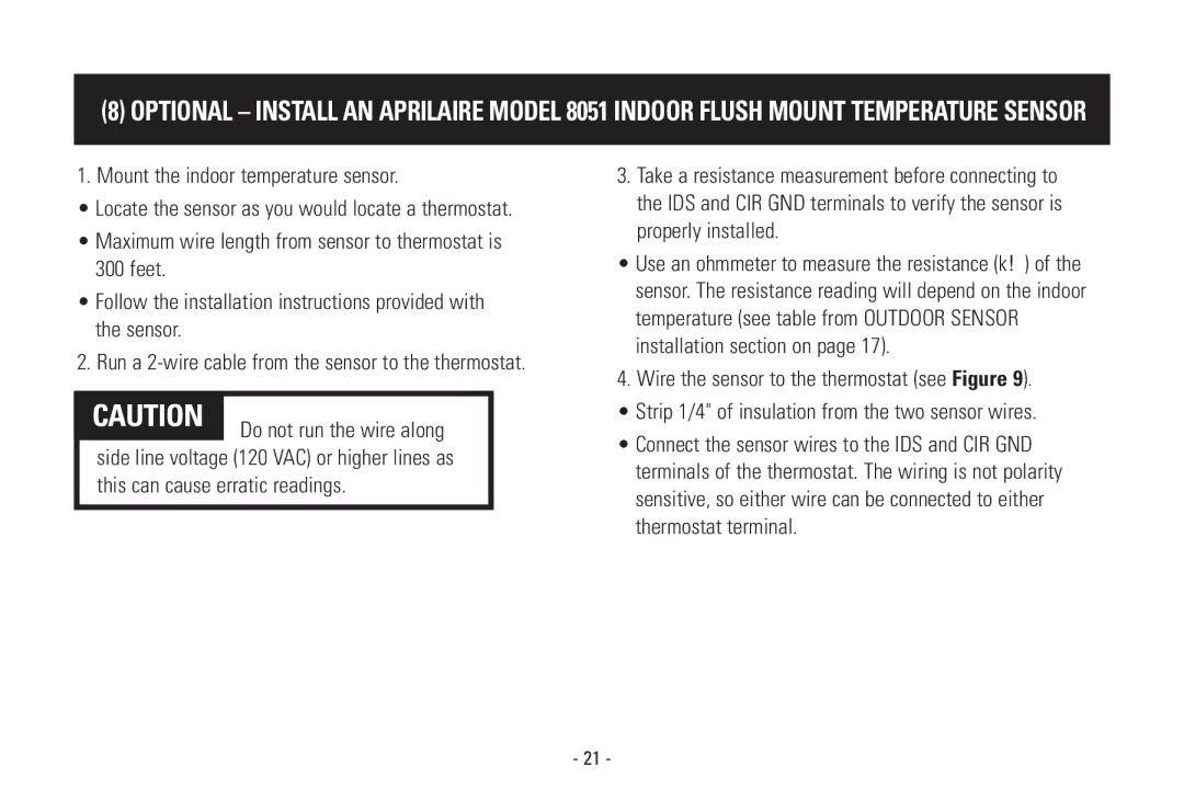 Aprilaire 8570 installation instructions Mount the indoor temperature sensor 