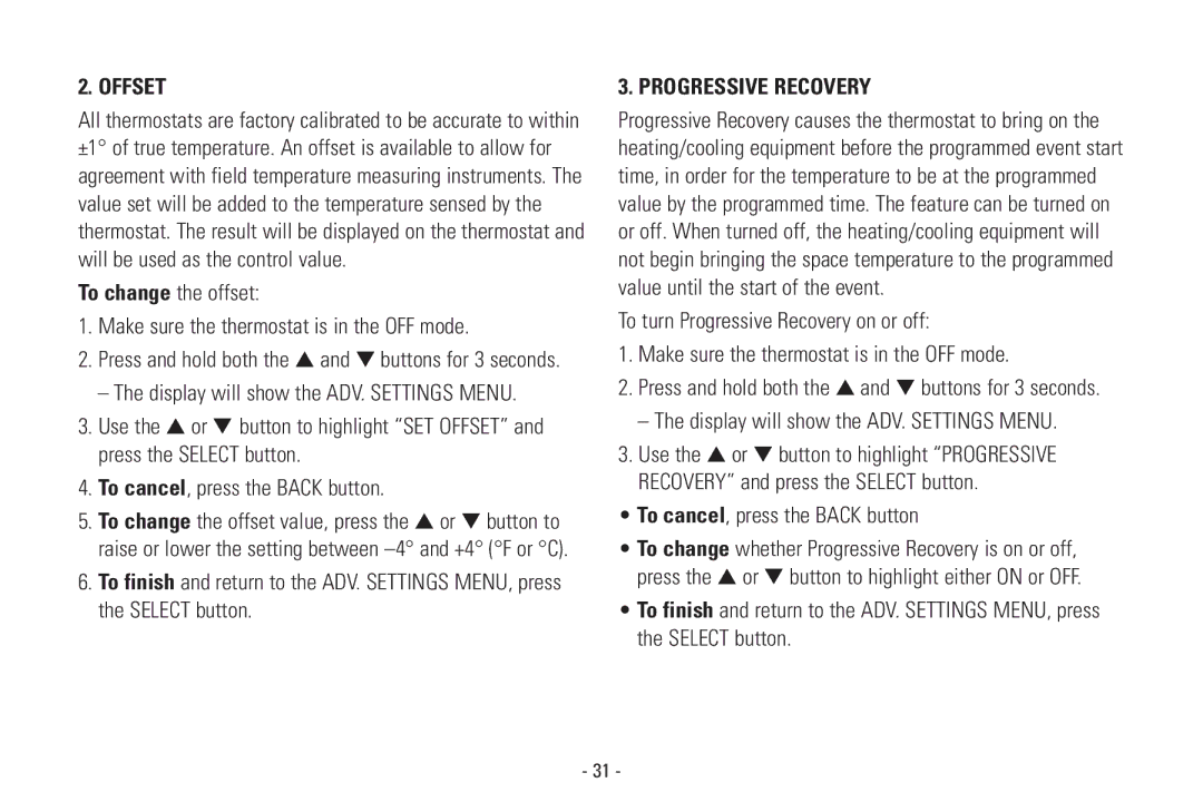 Aprilaire 8570 installation instructions Offset, Progressive Recovery, Display will show the ADV. Settings Menu 