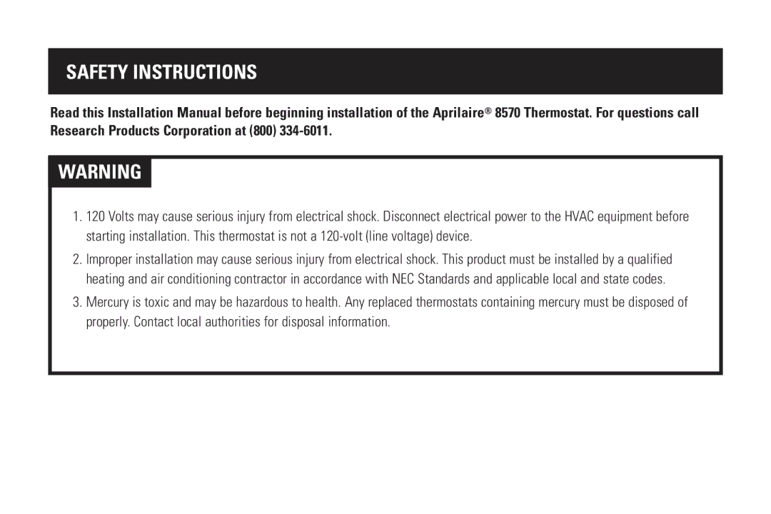 Aprilaire 8570 installation instructions Safety Instructions 