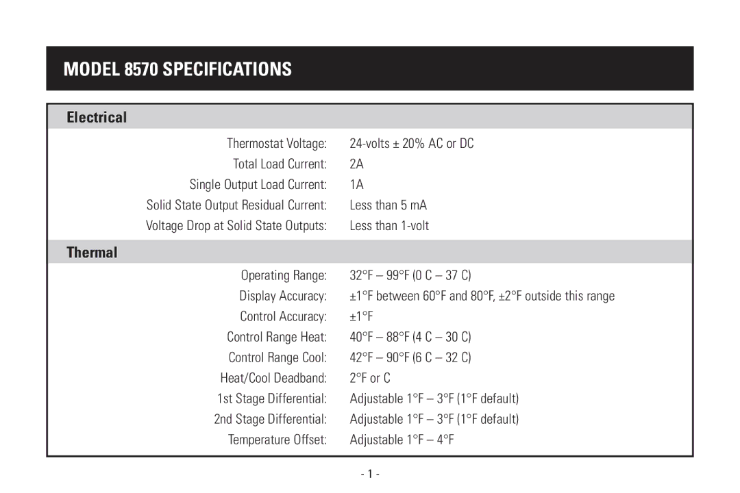 Aprilaire installation instructions Model 8570 Specifications 