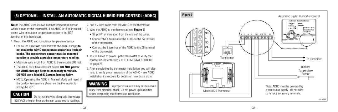 Aprilaire 8570 installation instructions Thermostat, Mount the Adhc and its outdoor temperature sensor 