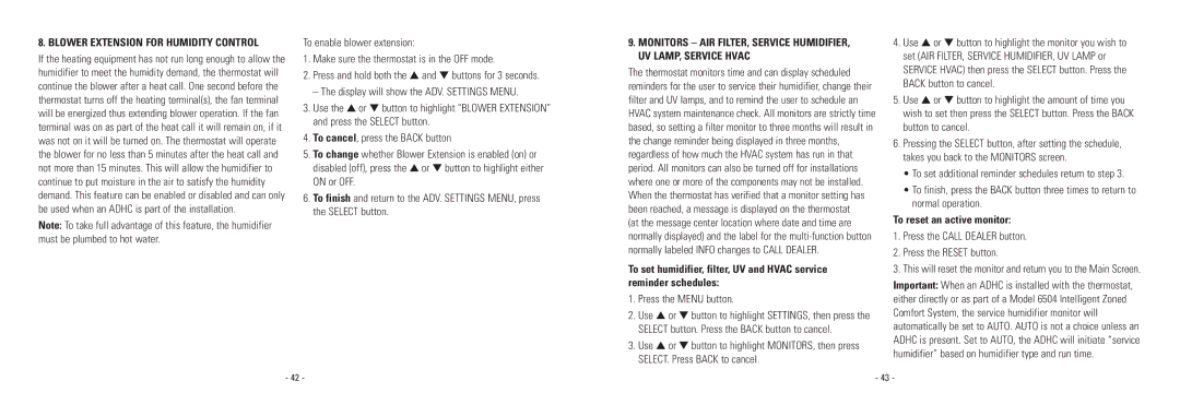 Aprilaire 8570 installation instructions Press the Menu button, Press the Call Dealer button Press the Reset button 