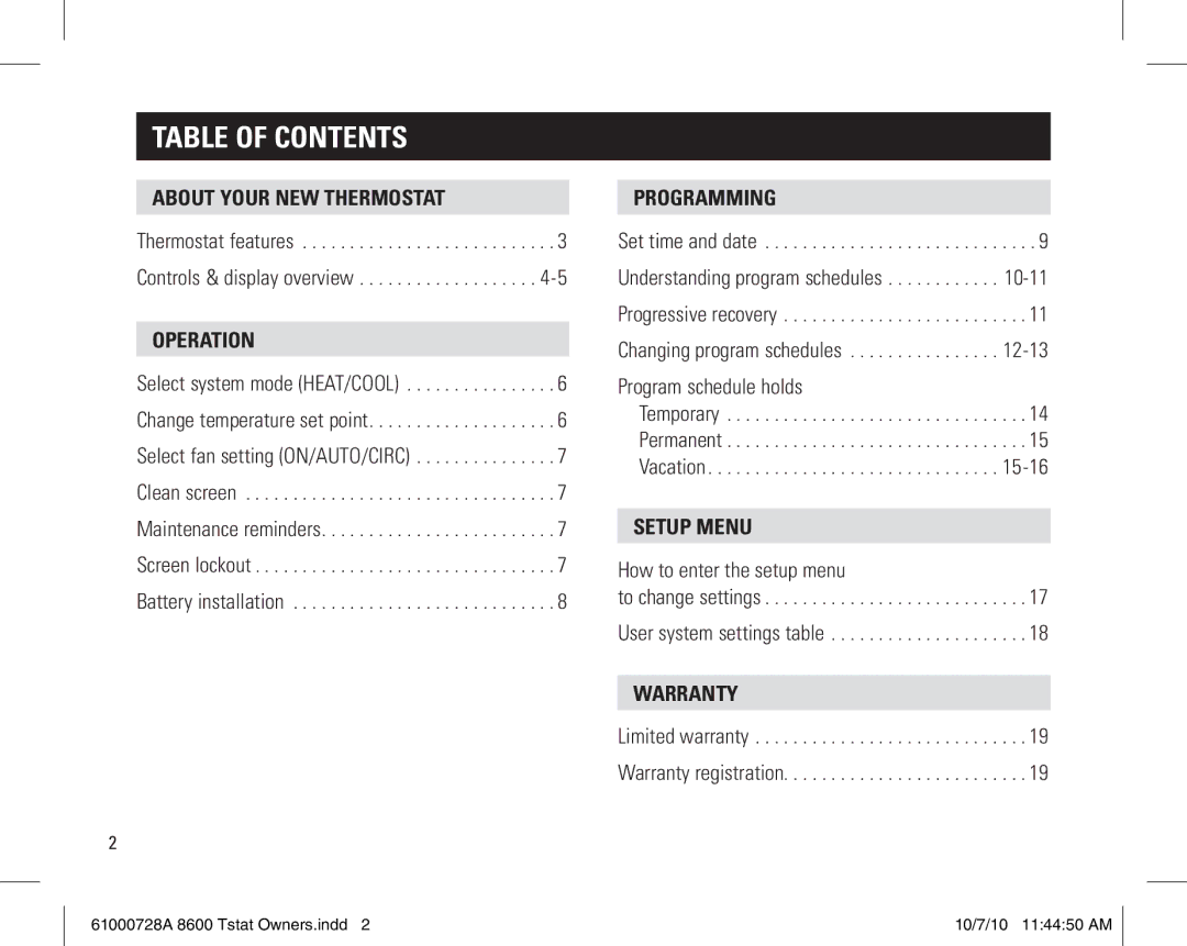 Aprilaire 8600 owner manual Table of contents 