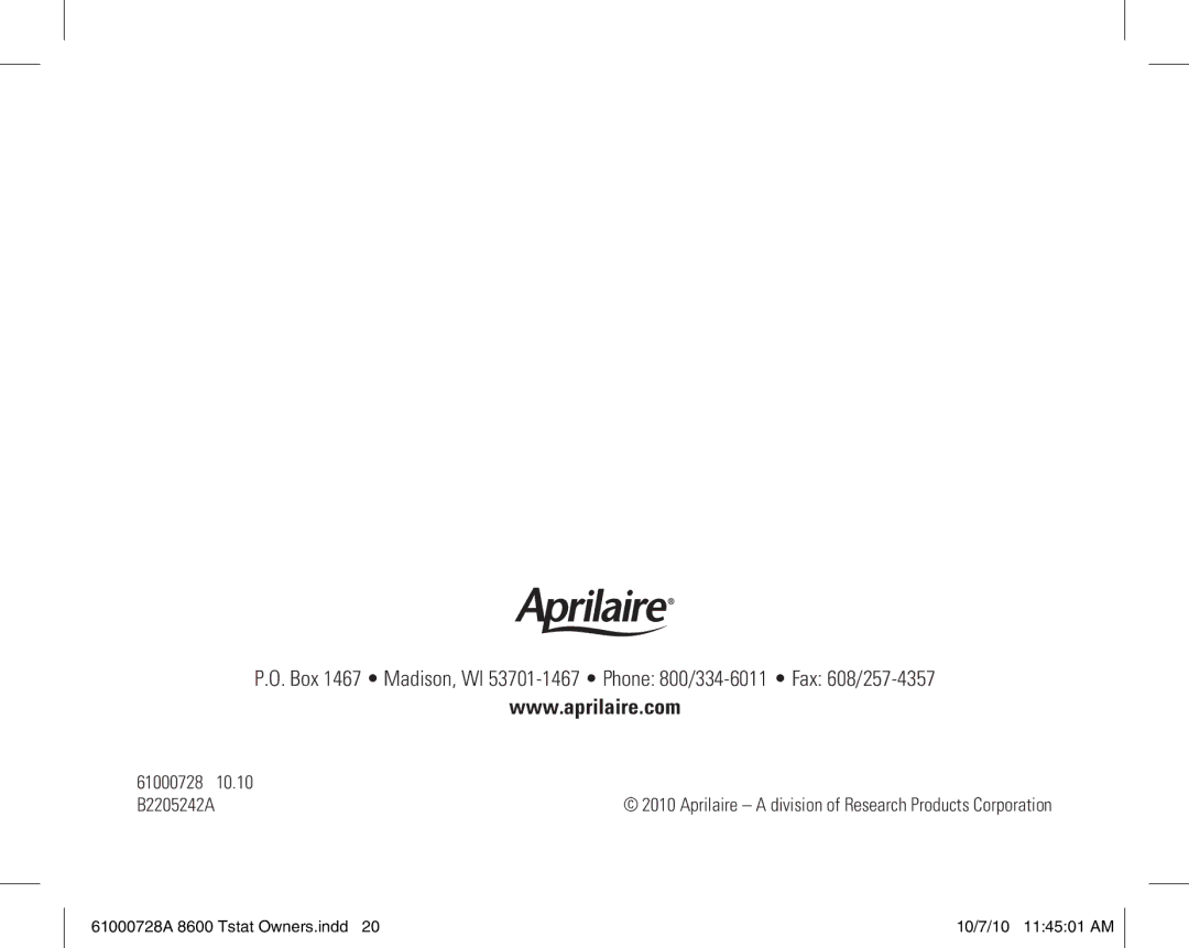 Aprilaire 8600 owner manual Aprilaire a division of Research Products Corporation 