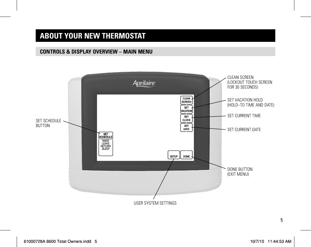 Aprilaire 8600 owner manual Controls & display overview Main Menu 