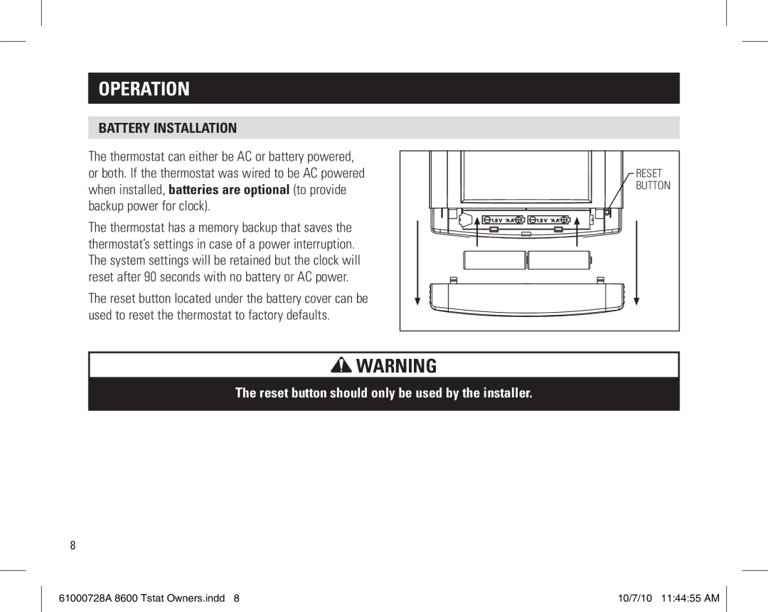 Aprilaire 8600 owner manual Battery installation 