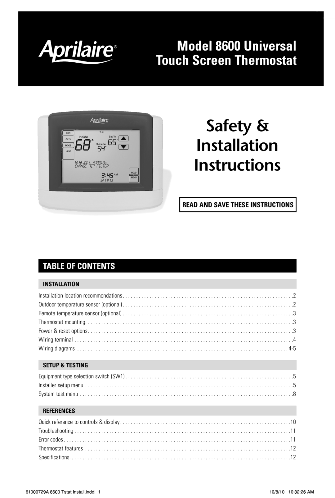 Aprilaire owner manual Model 8600 Universal Touch Screen Thermostat 