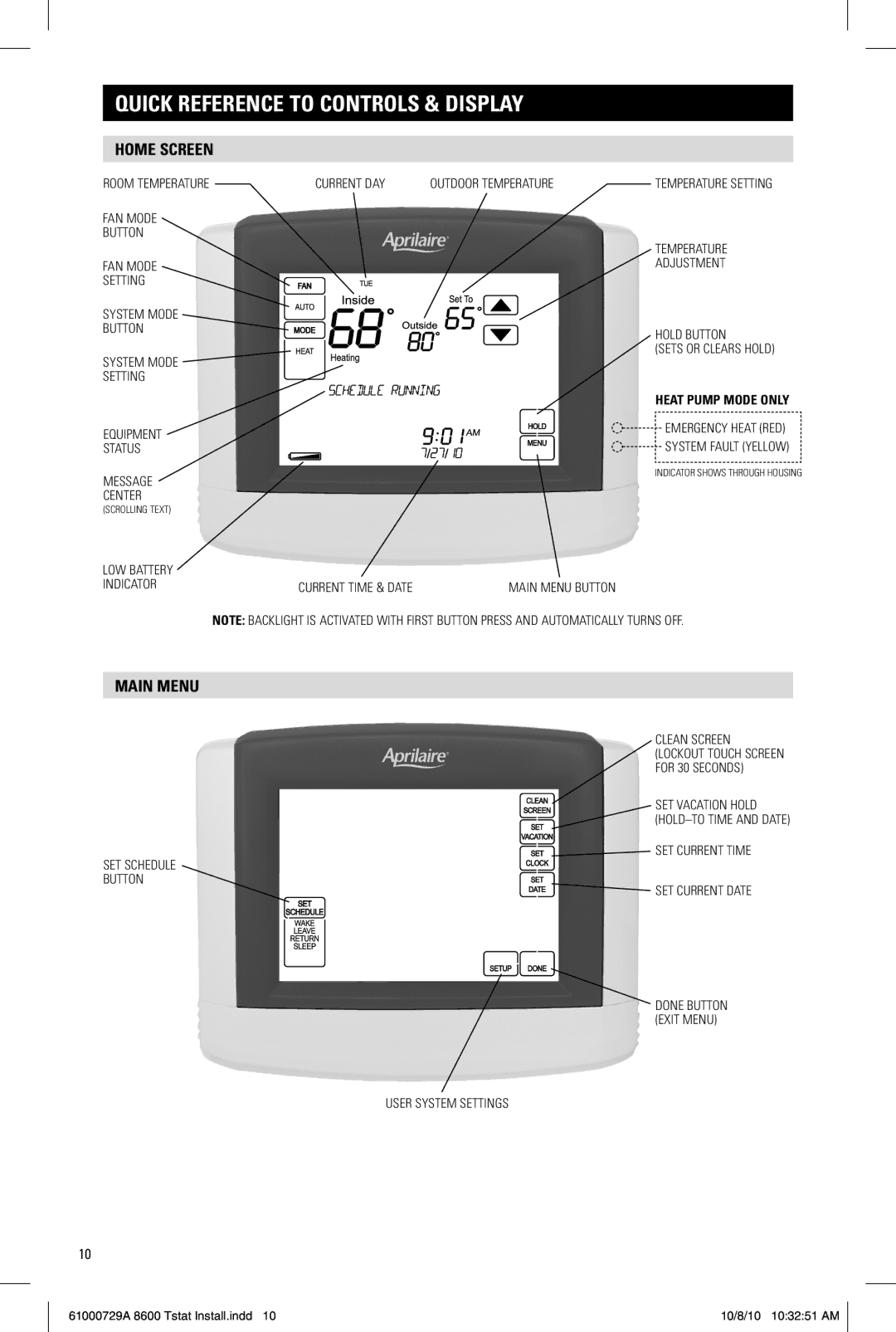 Aprilaire 8600 installation instructions Quick Reference to controls & Display, Home Screen, Main Menu 