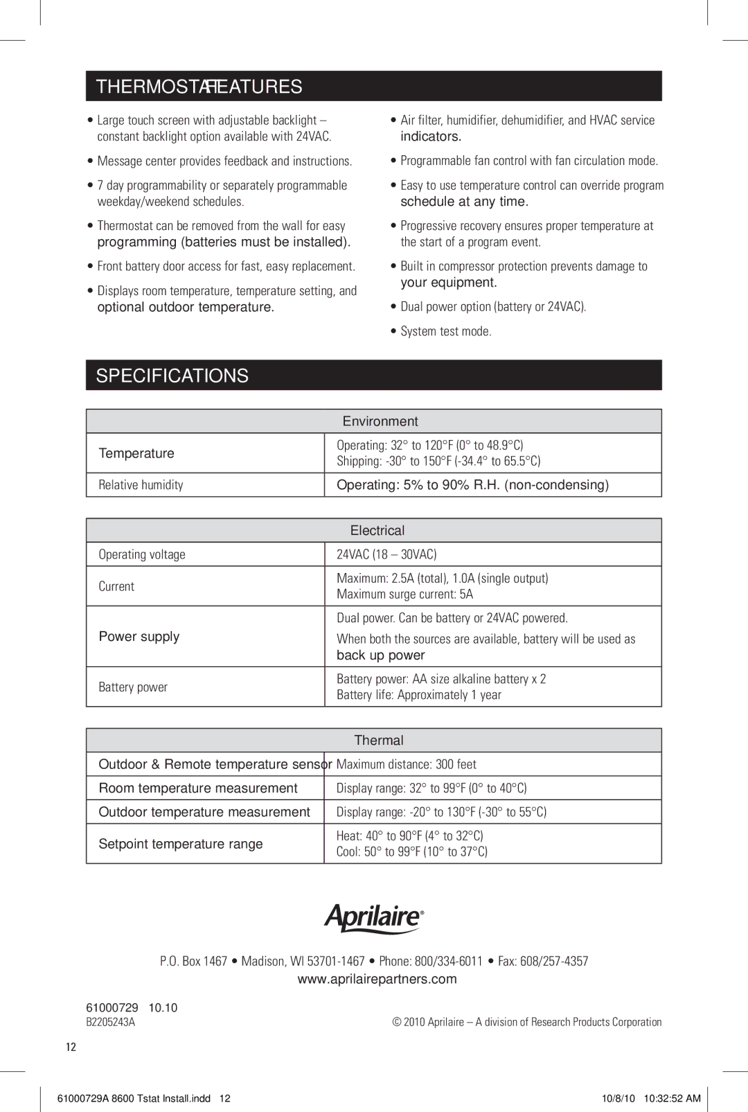 Aprilaire 8600 installation instructions Thermostat Features, Specifications, Environment, Electrical, Thermal 