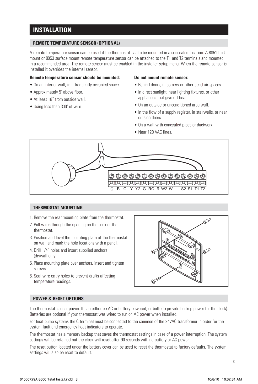 Aprilaire 8600 Remote temperature sensor optional, Do not mount remote sensor, Thermostat mounting, Power & Reset options 