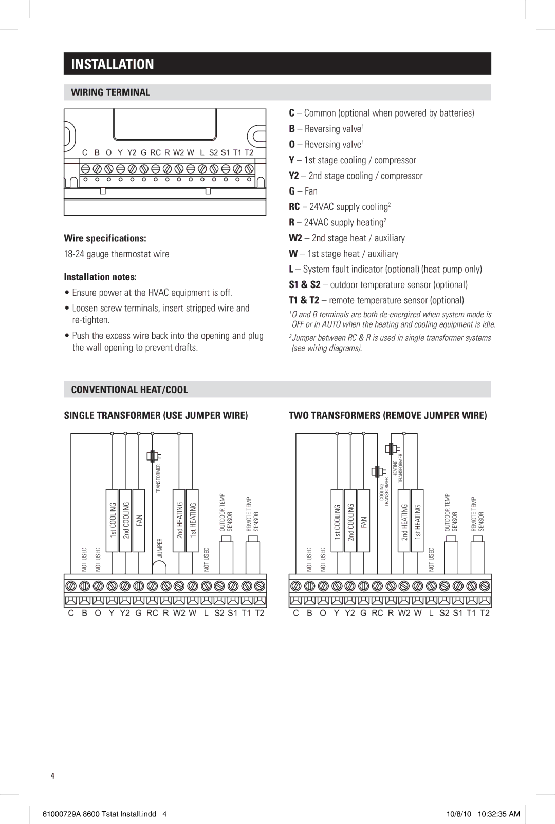 Aprilaire 8600 installation instructions Wiring terminal, Wire specifications, Installation notes, Conventional HEAT/COOL 