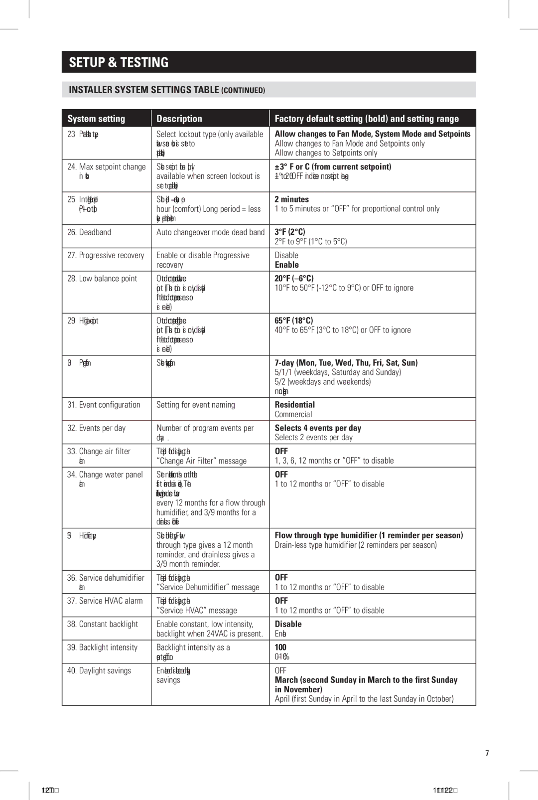 Aprilaire 8600 installation instructions Installer System Settings Table, System setting Description 