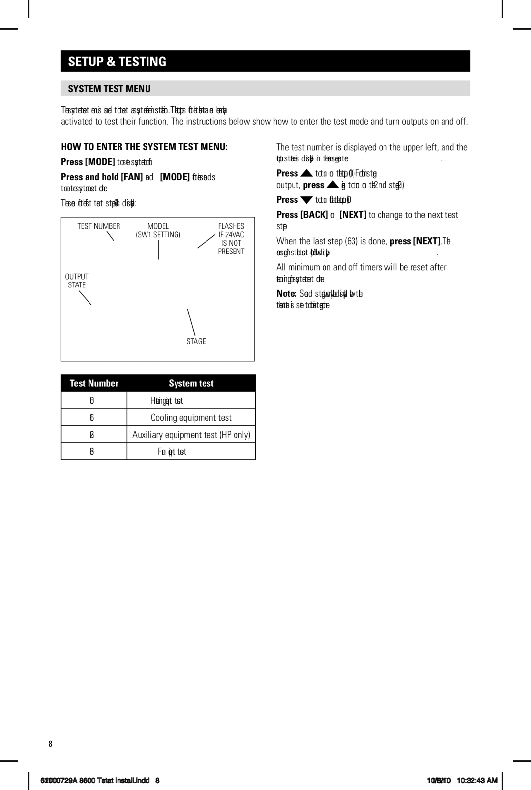 Aprilaire 8600 System test menu, How to enter the system test menu, Press Back or Next to change to the next test step 