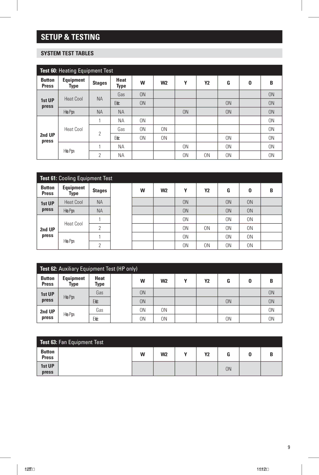 Aprilaire 8600 installation instructions System Test Tables, Heat, Button Press 1st UP 