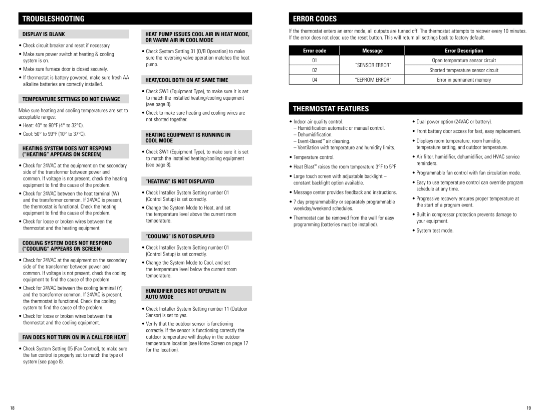 Aprilaire 8620 installation instructions Troubleshooting, Error Codes, Thermostat Features 