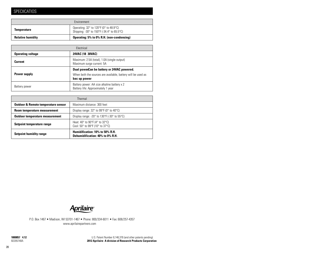 Aprilaire 8620 installation instructions Specifications, Environment, Electrical, Thermal 